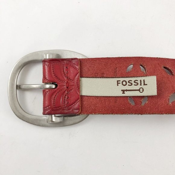 FOSSIL Boho Western Floral Perforated Red Leather Belt S - Picture 8 of 9